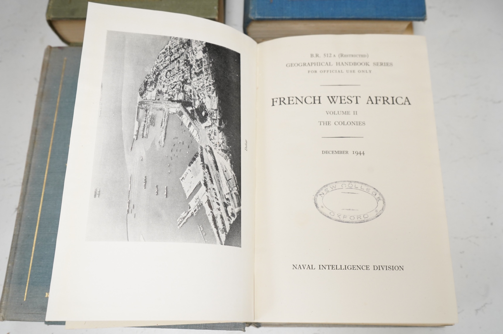 Naval Intelligence Division, Geographical Handbook Series - French Equatorial Africa & Cameroons (2 pocket maps), 1942; The Belgian Congo (2 pocket maps), 1944; French West Africa, 2 vols. (2 pocket maps), 1943-44 (4)